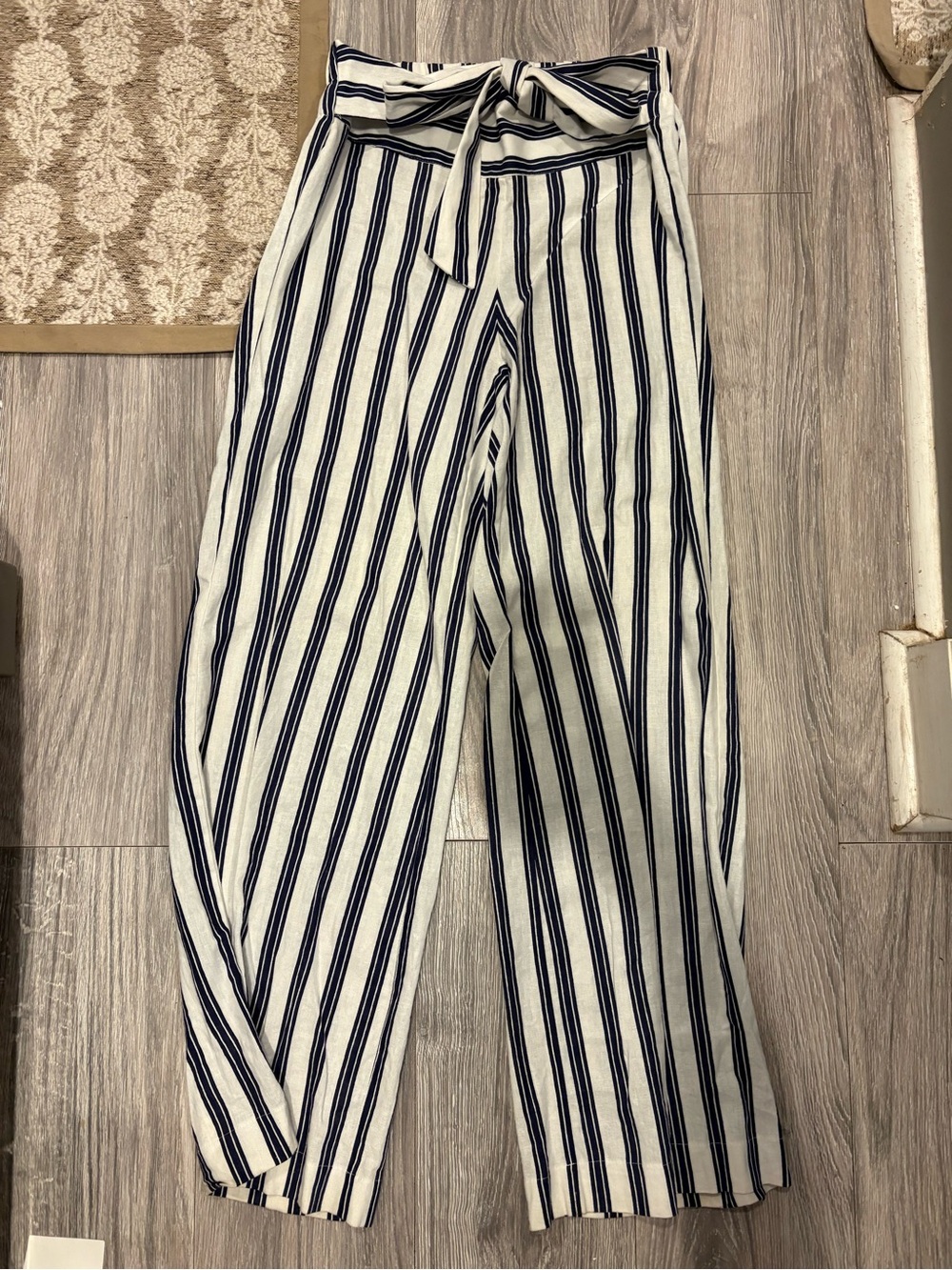 new directions Navy and White Vertical Stripe Tie-Waist Chinos